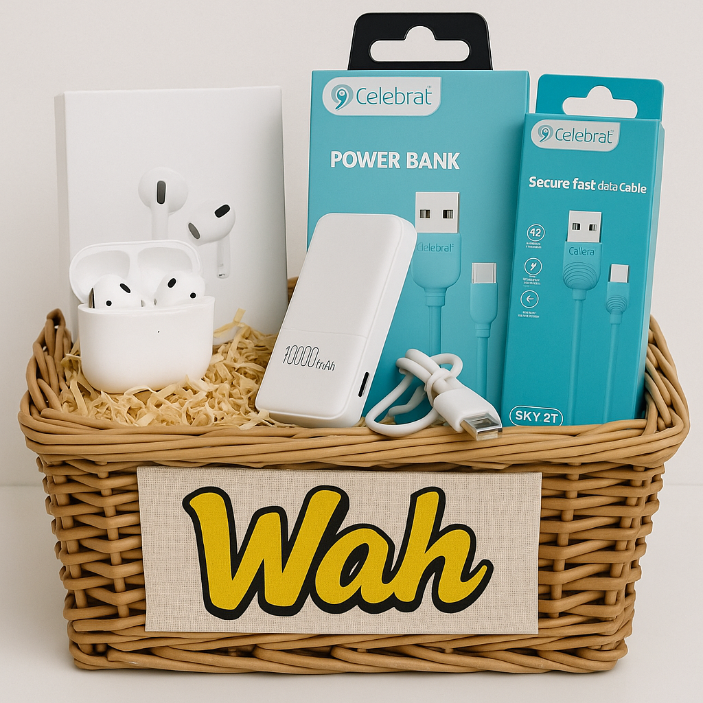 CESTA  (Pack completo 4 en 1): BATERÍA EXTERNA, AIRPODS, CABLE, CARGADOR